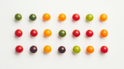 Colorful arrangement of round candies in vibrant hues on a white surface showcasing an assortment of flavors