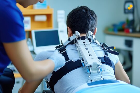 Spinal decompression therapy session with patient receiving treatment from therapist in a clinical setting