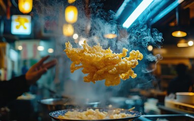A crispy tempura platter hovering in mid-air with a softly blurred Japanese dining ambiance