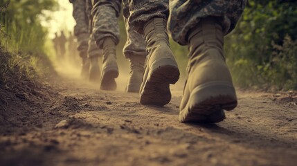 Soldiers Marching Along a Dusty Trail in Military Boots