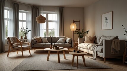 Cozy living room interior, Scandinavian style. Wooden furniture and elegant.