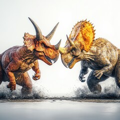 Two Triceratops dinosaurs clashing, prehistoric battle scene, white background, for educational use