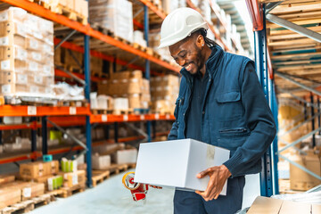 Happy man preparing parcels to deliver in a warehouse