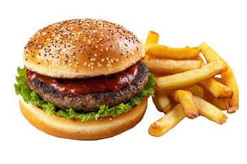 Juicy burger, fries, studio shot, white backdrop, menu