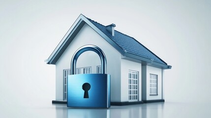 Secure house concept; 3D render of a house model with a padlock.