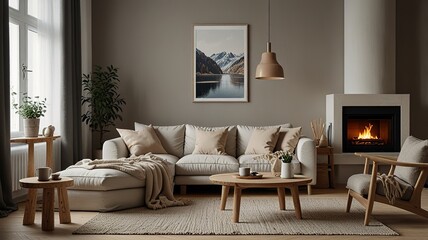Cozy living room interior, Scandinavian style. Wooden furniture and elegant.
