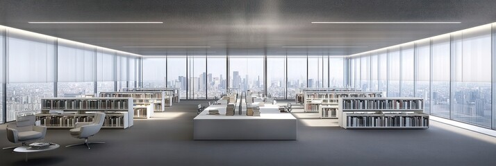 Modern library with city view, bookshelves, and seating.  Ideal for architecture or lifestyle publications