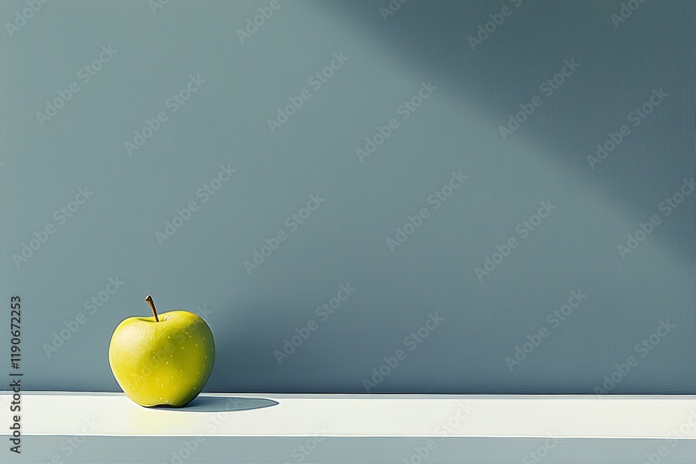 Poster a fresh green apple placed next to a minimalist background emphasizing shadows and light for artisti
