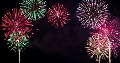 Fireworks, Holiday fireworks above water with reflection on the black sky background