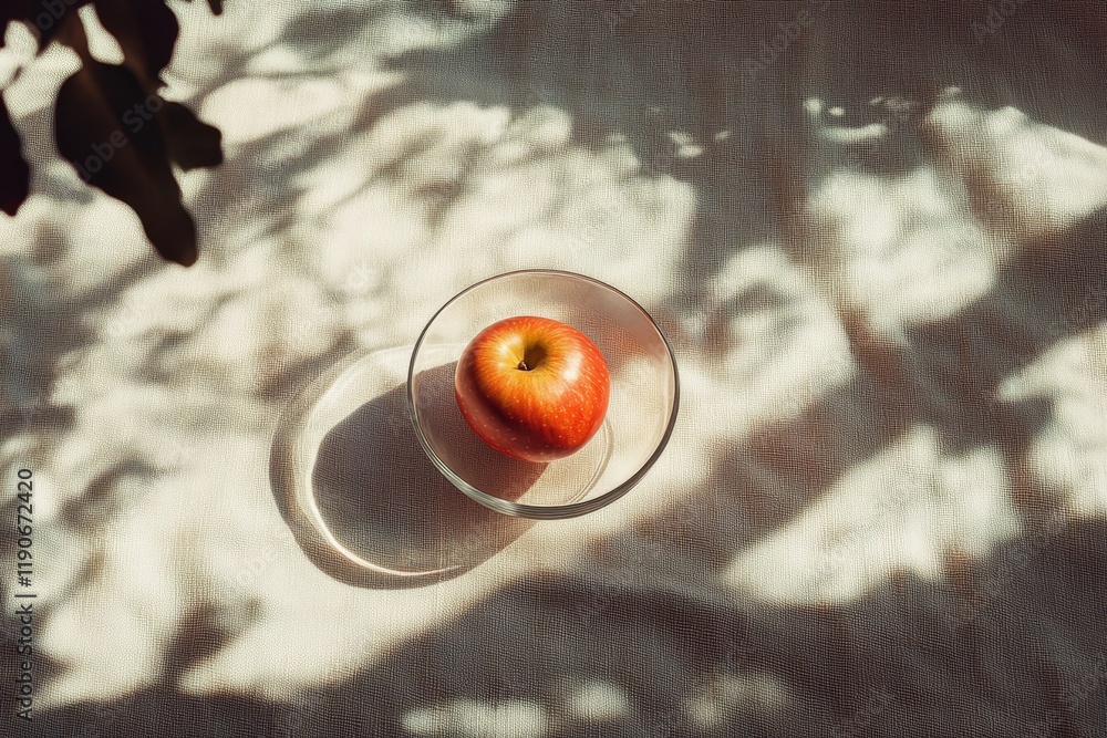 Poster a fresh red apple resting in a clear glass bowl on a soft fabric surface with natural shadows and su