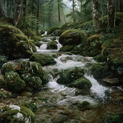 Mossy rocks and stream in lush forest.