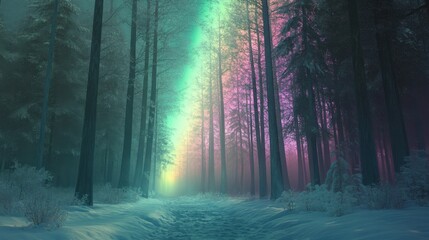 Fototapeta premium A peaceful winter forest illuminated by the northern lights, with beams of green and pink light casting a dreamy glow on the snow-covered ground.