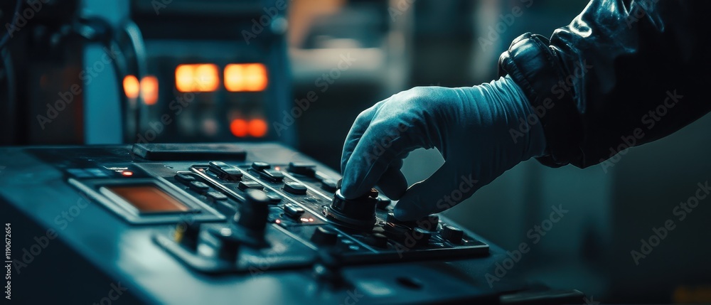 Poster control room operator monitoring data in a dimly lit facility during nighttime