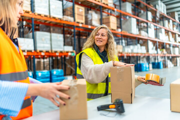 Women preparing goods to deliver in a distribution warehouse