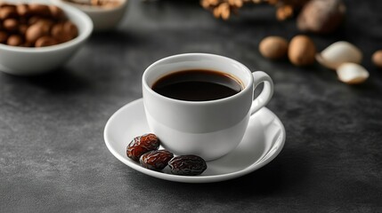 Coffee cup with dates on dark surface.