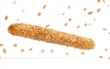 Fototapeta premium A flying breadstick with sesame seeds, hovering horizontally on a bright white backdrop