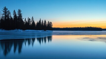 Obraz premium A serene view of a frozen lake reflecting the vivid colors of the aurora borealis in the sky, with a silhouette of pine trees along the shoreline.