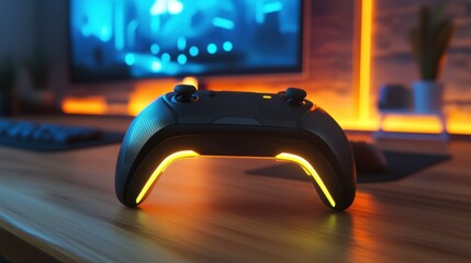 A sleek and modern wireless gamepad with glowing LED accents, resting on a wooden gaming desk. The background includes a blurred gaming setup with a large monitor and RGB lighting.