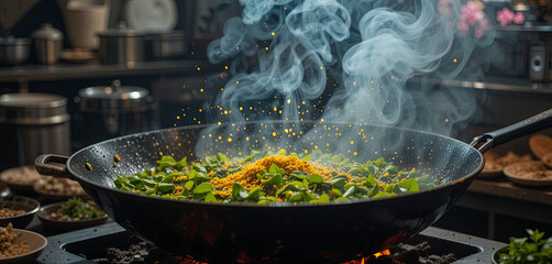Fresh green herbs and spices are expertly combined in a large pan over an open flame. Smoke rises, filling the air with an aromatic scent as the chef creates a flavorful meal