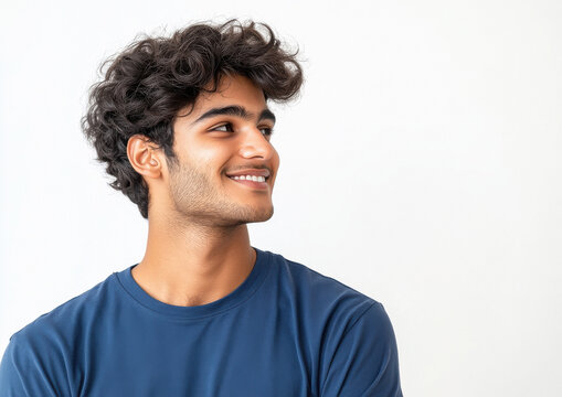 indian young man wearing a blue t-shirt, smiling and looking to the side, standing isolated on a white background.