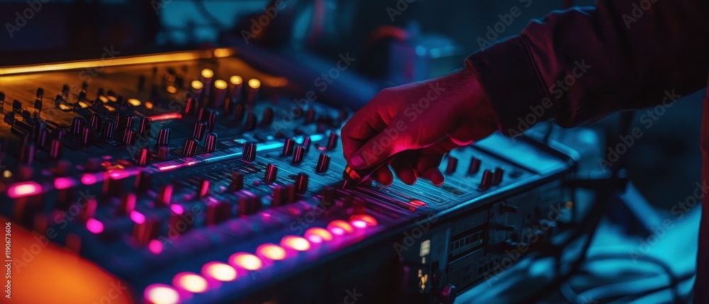 Poster control room operator monitoring data in a dimly lit facility during nighttime