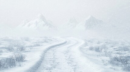 Snowy road winding towards distant, snow-covered mountains in blizzard.