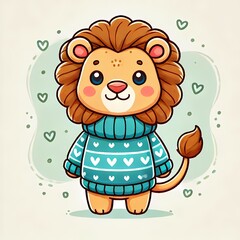Obraz premium Cute Lion Wearing Sweater Cartoon Vector Icon Illustration