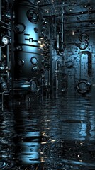 Futuristic Industrial Interior Featuring Reflective Water Surface and Modern Design Elements