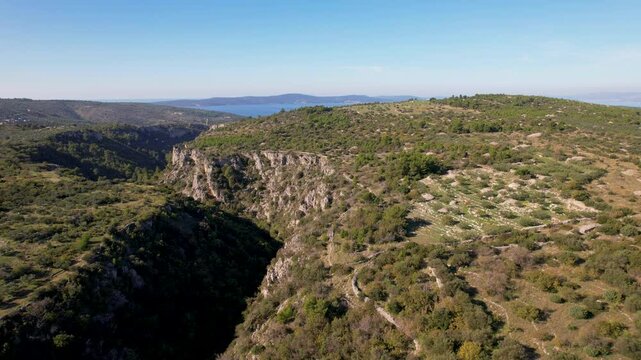 Beautiful aerial drone shot of a valley on the Brac island in Croatia, between the towns of Sutivan, Milan and Supetar. Shot taken during the olive harvest season and traditional olive oil production.