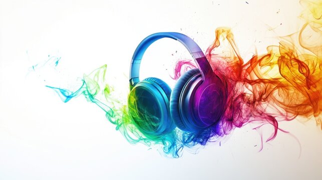 Abstract art of headphones with luminous, multicolored smoke forming dynamic swirls and patterns, contrasting vividly with the clean white background.