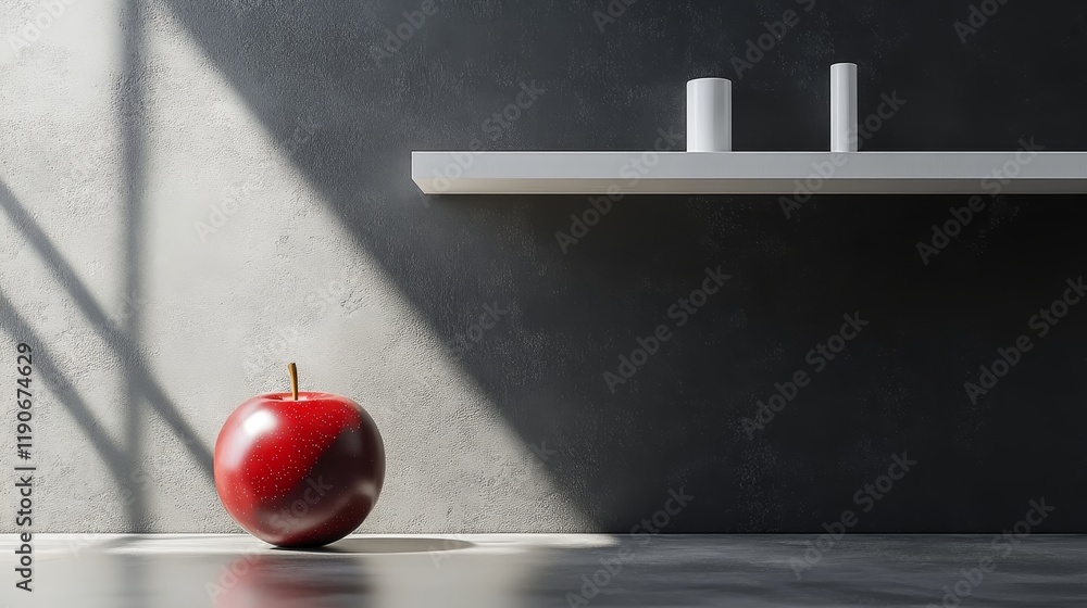 Poster a shiny red apple placed on a smooth surface with a minimalist shelf in the background featuring two