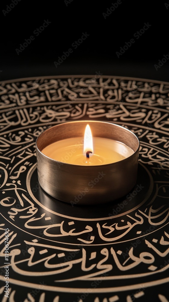 Poster a single candle flame illuminating an intricately designed round base with arabic calligraphy and ge