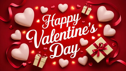 Naklejka premium Happy Valentine's Day Banner with Hearts, Ribbons, Bows and Gift Boxes. Sparkle Bokeh Red Background with Lights 