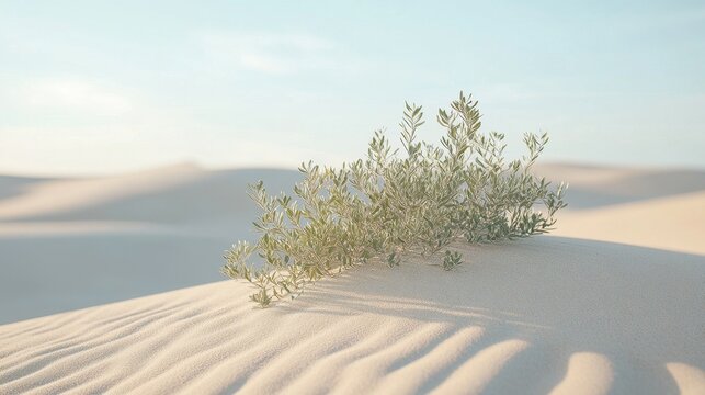 An Anacridium aegyptium sitting atop a dune in the Mediterranean, with fine grains of sand visible around it and a soft blue sky in the distance.