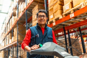 Portrait of a cheerful latin warehouse worker using machinery