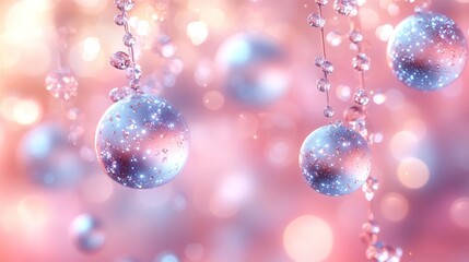 Fototapeta premium Sparkling glass orbs hanging with water drops on pink bokeh background.