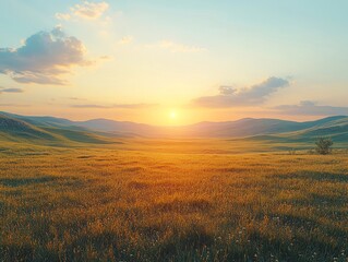 Naklejka premium Green grass field at sunset illuminating rolling hills and blue sky
