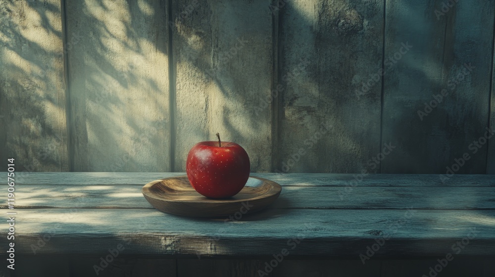 Poster a single red apple resting on a wooden plate against a rustic background with soft light and shadows