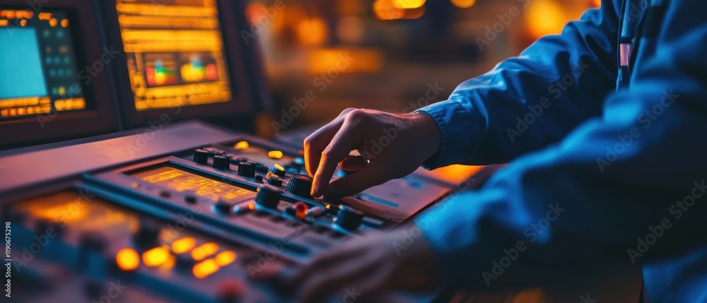 Poster operator monitoring control panel in a dimly lit facility during evening hours