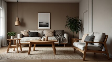 Cozy living room interior, Scandinavian style. Wooden furniture and elegant.