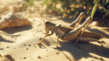 An Egyptian grasshopper resting on a patch of sunlit sand, with its textured body casting a small shadow, surrounded by sparse Mediterranean vegetation.
