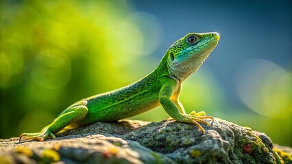 Fototapeta premium Minimalist Green Lizard in Downward-Facing Dog Pose on Rock