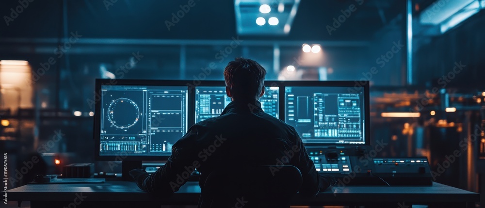 Poster operator monitoring control panel in a dimly lit facility during evening hours