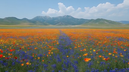 Serene Mountain Meadow: Vibrant Orange and Blue Wildflowers