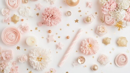Elegant Pink and Gold Party Decorations with Flowers and Accessories