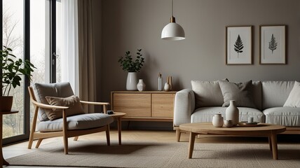 Obraz premium Cozy living room interior, Scandinavian style. Wooden furniture and elegant.