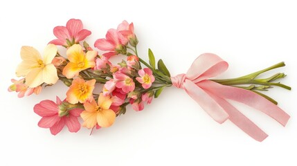 Obraz premium Colorful Blossoms with Soft Ribbon on White Background for Design