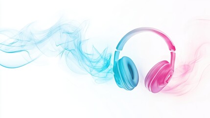 Headphones radiating subtle light, surrounded by soft, colorful smoke that takes on the shape of...