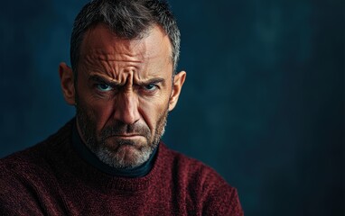 Obraz premium A frustrated middle-aged man with furrowed brows on a dark blue background