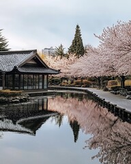 A serene photo of a public garden during spring, with cherry blossoms lining the pathways